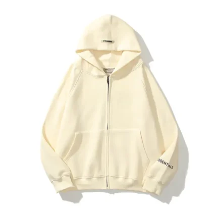 Essentials Reflective Print Zip-Up Oversized Cream Hoodie Australia 40% Off